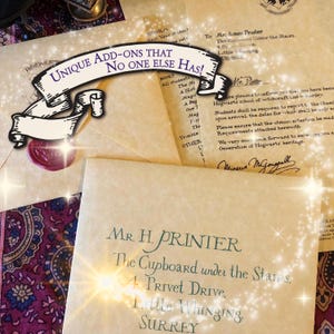 May include: A collection of beige parchment envelopes and letters featuring dark green calligraphy. One envelope is addressed to Mr. H. Prinier at The Cupboard under the Stairs, 4 Privet Drive, Little Whinging, Surrey. A banner reads UNIQUE ADD-ONS THAT NO ONE ELSE HAS!