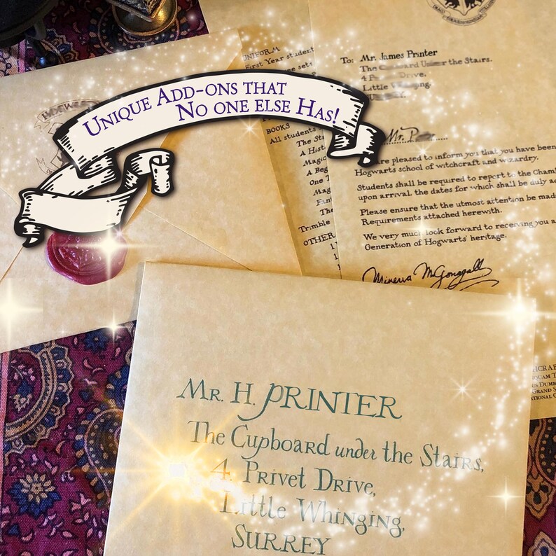 May include: A collection of beige parchment envelopes and letters featuring dark green calligraphy. One envelope is addressed to Mr. H. Prinier at The Cupboard under the Stairs, 4 Privet Drive, Little Whinging, Surrey. A banner reads UNIQUE ADD-ONS THAT NO ONE ELSE HAS!