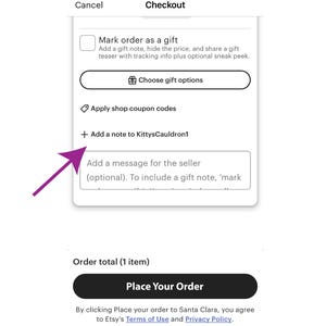 May include: A digital checkout interface featuring a checkbox for marking an order as a gift, a button to choose gift options, a field for shop coupon codes, and a text box to add a note to KittysCauldron1 with a purple arrow pointing to it.