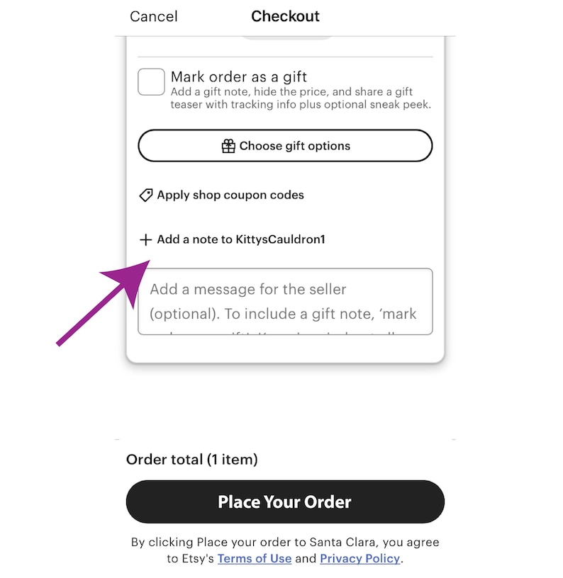 May include: A digital checkout interface featuring a checkbox for marking an order as a gift, a button to choose gift options, a field for shop coupon codes, and a text box to add a note to KittysCauldron1 with a purple arrow pointing to it.