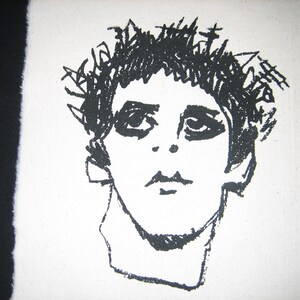 May include: Black and white line drawing of a person's face with a messy hairstyle. The drawing is on a white canvas background.