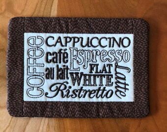 Coffee rug -Mug Rug - Coaster - Coffe Coaster Embroidery Mug Rug - Mini Quilt - Embroidery Coffee Mat