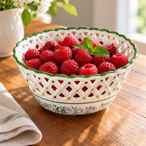 May include: A white ceramic bowl with a lattice-patterned rim, green scalloped edges, and small yellow and red dot accents. The bowl is filled with fresh red raspberries and topped with a small sprig of green mint leaves.