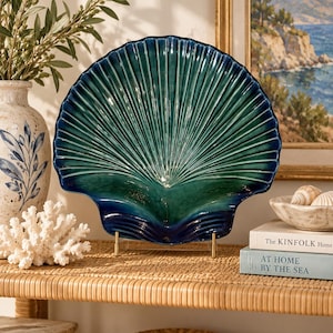 Vintage Portuguese Teal Ceramic Scallop Shell Serving Dish — Large 15"