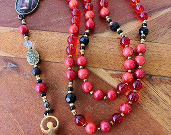 Alternative Mary Magdalene Rosary: Red Maylasia Jade & Glass Beads 18k gold plated Mother Goddess