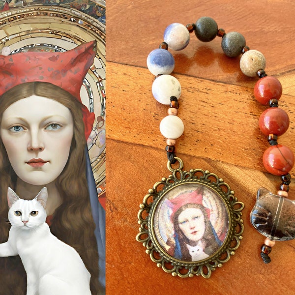 St. Gertrude of Nivelles strand chaplet with gemstone beads and unique image Saint of Cats Cat Lady Saint Nontraditional