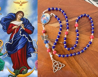 Our Lady Untier of Knots Nontraditional Rosary Undoer of Knots Trinity Knot gemstone beads Blue Chalcedony Rose Howlite Butterfly Rose