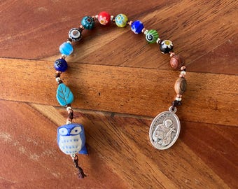 St Francis & St Clare Chaplet, Millefiori Perlen, Eulenamulett FUNDRAISER