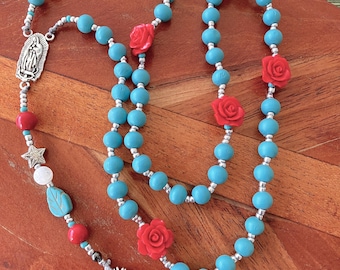 Mother of Roses Guadalupe Rosary: Turquoise Wooden Beads, Sacred Heart Charm