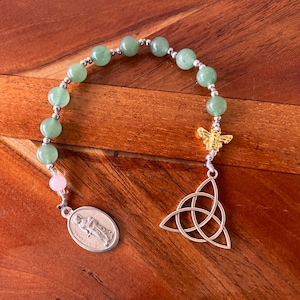 St Dymphna Celtic Mental Health Prayer Beads Chaplet with Green Aventurine Trinity Knot 18k Gold Plated Bee Rose Quartz Depression Anxiety