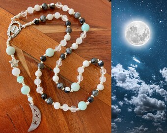 Our Lady of the Moon Nontraditional Rosary with Natural Black Lip Shell Crescent Moon and Semi-precious Gemstone Beads Mother Mary center