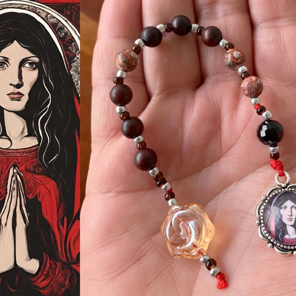 Mini Mary Magdalene Chaplet hand crafted medal and iridescent glass rose