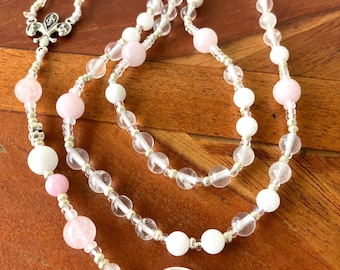 Crystal Rosary Beads | Rose Quartz, Clear Quartz, White Jade, Fleur de Lis Center