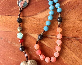 Frida Guadalupe Tonantzin drei Jahrzehnte Türkis Glas Rot Orange Achat Medaillon 3.Klasse Relikt