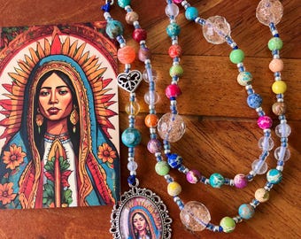 Tonantzin Rosenkranz (Guadalupe) Bunte Edelstein Perlen Handmade Sparkle Glas