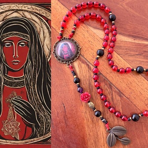 Red Glass & Black Onyx Mary Magdalene Divine Feminine Nontraditional Rosary antique bronze original center Three Leaf Charm