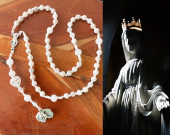 Our Lady of Tranquility Calming Rosary Nontraditional All White Gemstone Rosary with Rose Guadalupe Locket