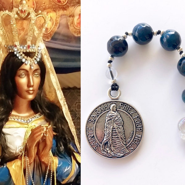 St. Sarah la Kali Chaplet large deep blue banded agate beads glass nautilus Sarah the Black Romani