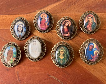 Sacred Saints & Goddess Picture Brooch Pin Pendant Oval Antique Bronze Setting