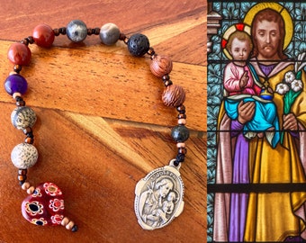 St Joseph Meditation and Prayer Strand Nontraditional Rosary Chaplet with gemstone beads millefiori heart