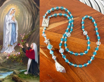 Sparkly Blue Our Lady of Lourdes Nontraditional Rosary with silver calla lily St. Bernadette