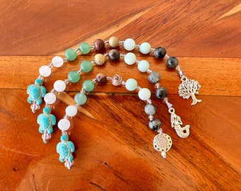 Self Compassion Meditation and Prayer beads with Honu (Sea Turtle) semi-precious stone beads Tree of Life Mermaid or Sun Symbol
