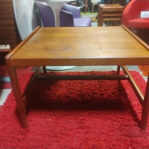 May include: A rectangular wooden coffee table with a light brown finish and a simple design. The table has a lower shelf and sits on a red shag rug.