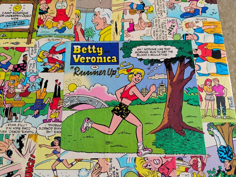 May include: A colorful comic book panel featuring Betty and Veronica. The central image shows Betty running in a red top and black shorts. Text bubbles read "Runner Up" and "Ah! Nothing like that morning run to get the blood circulating!"