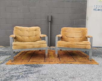 Pair of Milo Baughman Style Chrome Frame Cy Mann Lounge Chairs