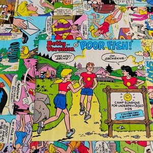 May include: A colorful collage of comic book panels featuring the characters Betty and Veronica. The central panel reads "Betty and Veronica" and "Poor Fish!" with the characters in a scene with a sign that says "Camp Sunshine for Underprivileged Kids".