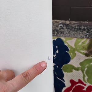 May include: A close-up of a white object with a textured surface. A finger is pointing at a small tear on the object. The background includes a floral patterned rug with red, blue, and green flowers.