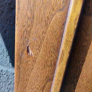 May include: Close-up of a wooden frame with a small chip in the wood. The frame is a light brown color and has a darker brown border.