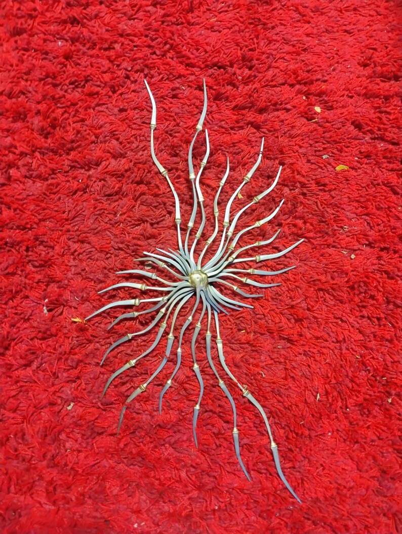 May include: A silver-colored metal sculpture with a central circular element and radiating, curved tendrils. The tendrils have gold-colored accents. The sculpture is displayed on a red, textured surface.
