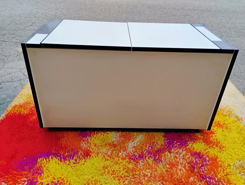 May include: A white rectangular storage cabinet with black trim. The cabinet has two doors and sits on a colorful rug.