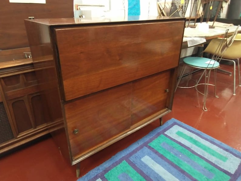 Mid Century Modern Lighted Drop Front Bar Cabinet Etsy