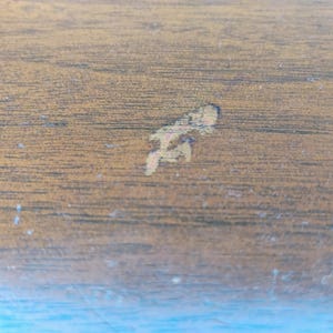 May include: A close-up view of a brown wood grain surface featuring a small, irregular, light-colored scratch or blemish in the center. The wood texture displays horizontal lines and natural variations in tone across the entire visible area.