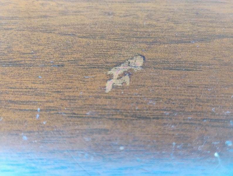 May include: A close-up view of a brown wood grain surface featuring a small, irregular, light-colored scratch or blemish in the center. The wood texture displays horizontal lines and natural variations in tone across the entire visible area.