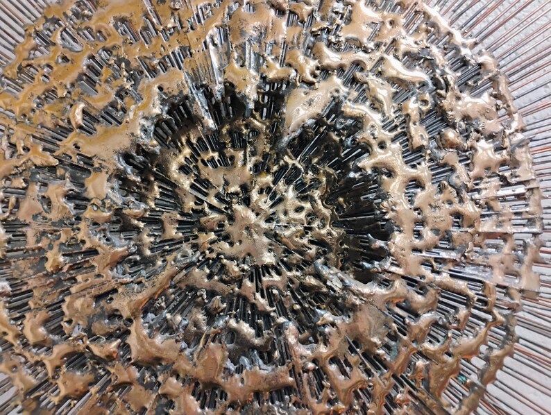 Puede incluir: Una escultura de pared circular con un dise&ntilde;o texturizado y abstracto. La escultura est&aacute; hecha de metal y tiene un acabado bronce. La superficie est&aacute; cubierta de l&iacute;neas y crestas elevadas, creando un efecto din&aacute;mico y llamativo.