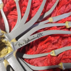 May include: Close-up of a gray and yellow sculpture with curved, blade-like elements. The sculpture is set against a vibrant red, textured background. The artist's signature, "R. Schmidt", is visible on one of the gray elements.