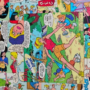 May include: A collage of comic book panels featuring characters in various scenes. The central panel shows a blonde girl in a red top and yellow shorts, with the text "Twin Spin" and "Betty". Other panels depict action and dialogue.