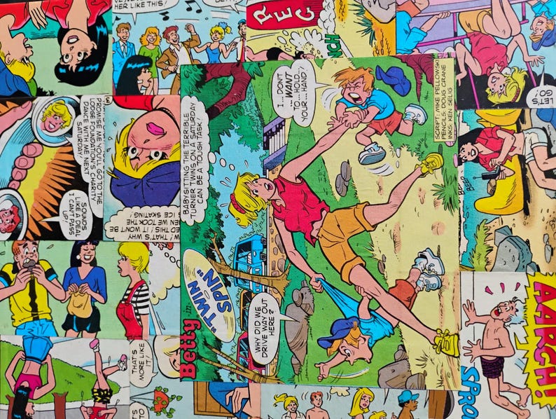 May include: A collage of comic book panels featuring characters in various scenes. The central panel shows a blonde girl in a red top and yellow shorts, with the text "Twin Spin" and "Betty". Other panels depict action and dialogue.