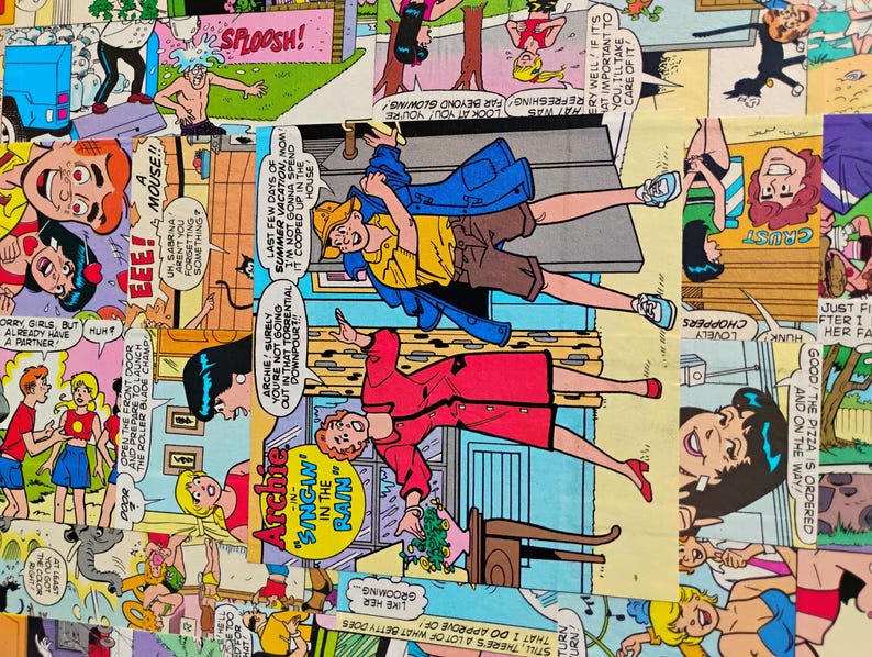 May include: A colorful comic book panel fabric featuring various scenes and characters. The panels display speech bubbles with text, and the artwork includes figures in various poses and settings. The overall design is vibrant and eye-catching.