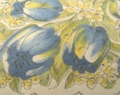 soft BLUE TULIPS Hanky  //  Vintage COTTON handkerchief  // Off White with  Yellow Blue Green  // Square  12 x 12 inches