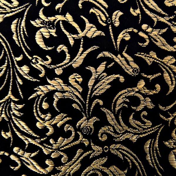 FLORENTINE  CASCADE // Vintage woven Silk BROCADE Made in Hong Kong //  Leafy swirls in Gold & Black  // not metallic //  28 x 33  inches