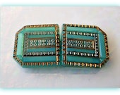 FRENCH sea foam  // RARE Glass Buckle Vintage  Antique  Art Deco 1920- 30 // Soft Green with 24k Gold // Superb Condition //  30 x 60mm