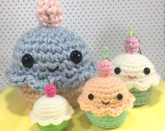 Amigurumi Cupcake Crochet Pattern!  One Pattern, Four Different Sizes! Master Class in  Understanding Gauge, Yarn Weight, and Hook Size!
