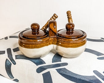 Salt & Pepper Pottery Cellar with Spoons | Vintage Handmade Pottery Piece