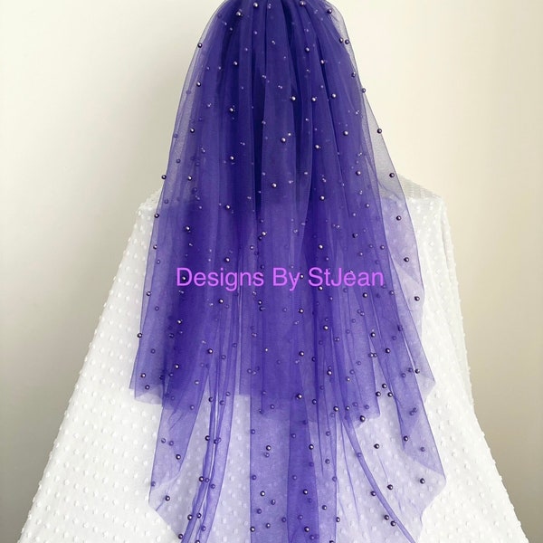 29” Two Layered Purple Beaded Pearl Veil, Elbow Veil, Raw Edge Veil,  2 Tier Purple Pearl Bridal Veil, Beaded  Veil, Gothic Veil