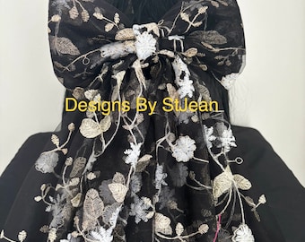 Black Floral Embroidered Wedding Veil with Wildflower Design, Bridal Veil, Flora Wildflower Embroidered Veil - Adinas Bridal main image 4