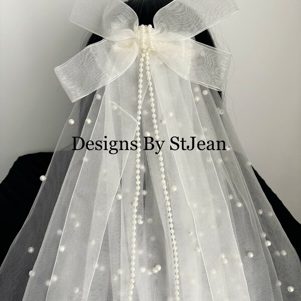 2 Tier Ivory Cream Pearl Bridal Wedding Veil, Pearl Holy Communion Veil, Organza Ribbon Veil